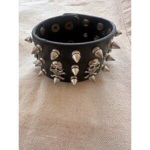 Black Leather Studded Skull Cuff Bracelet Punk Goth Biker Y2K Wide Wristband